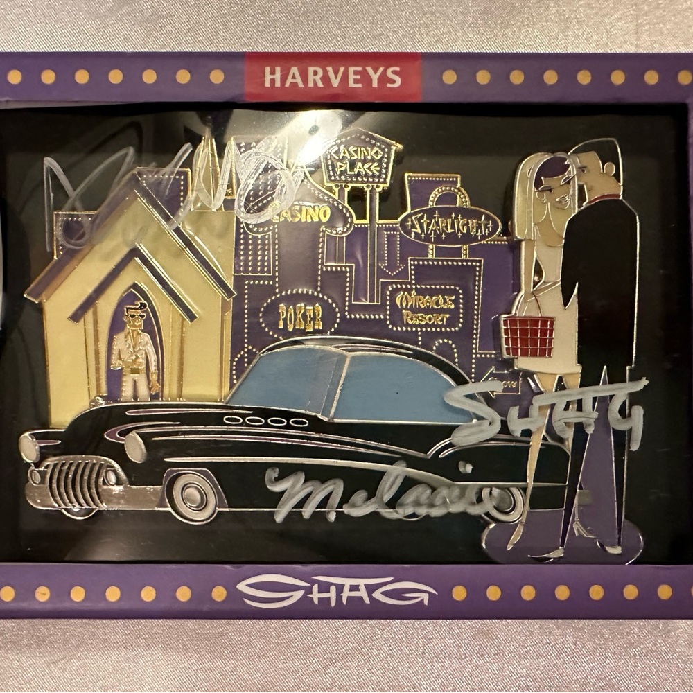 Autographed By Dana, Melanie, and Shag! Harveys Lapel Pin/Shag Wedding Belle NEW
